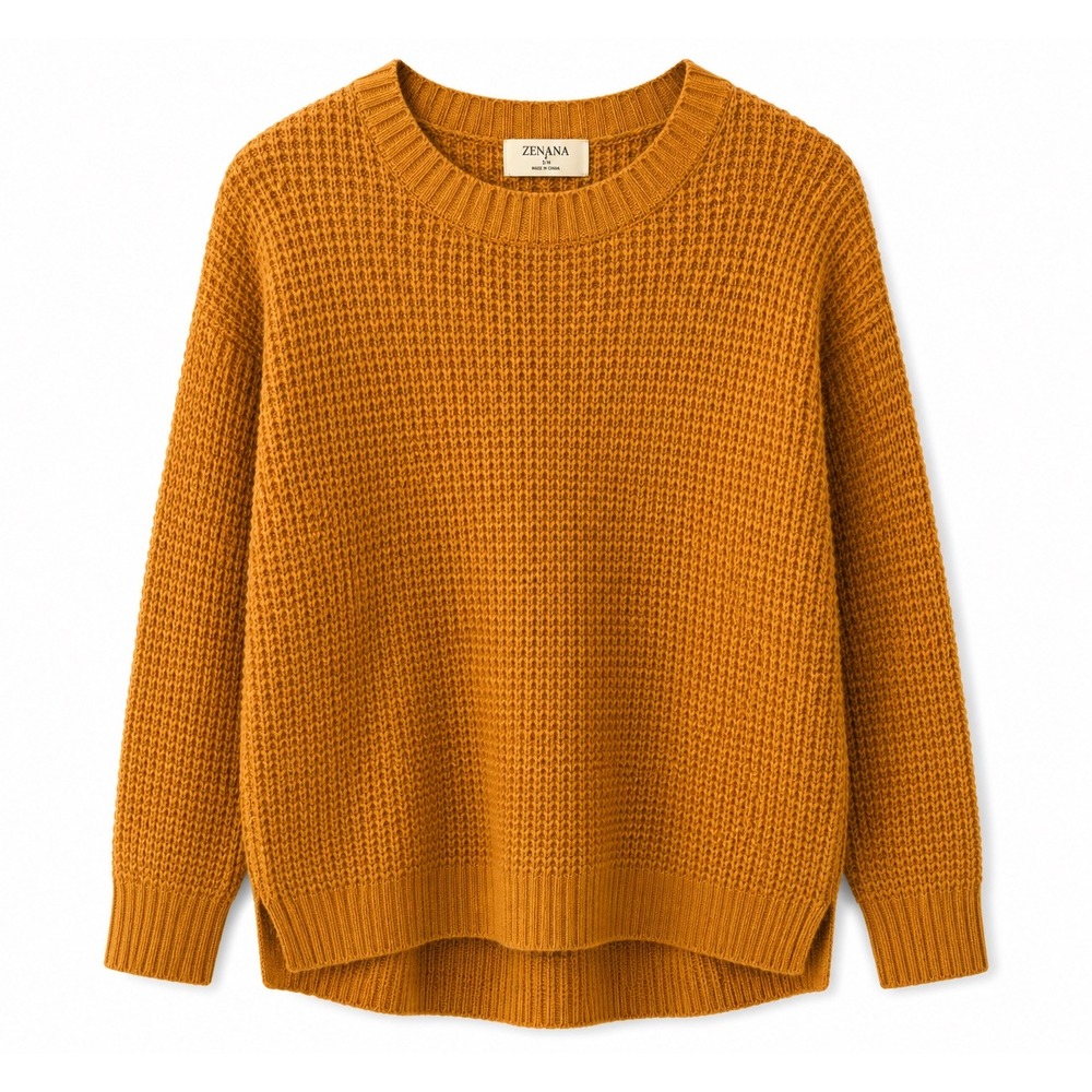 Zenana Mustard Yellow Waffle Knit Crewneck Sweater Long Sleeve Pullover Small